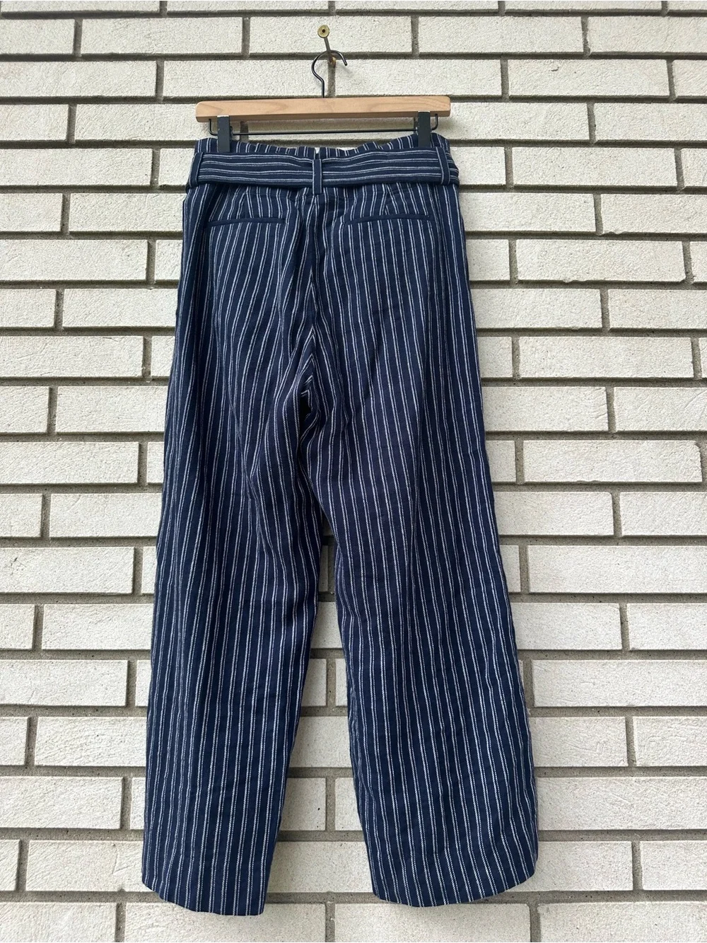 J.Crew Point Sur 4 Navy Stripe Linen Cotton Paperbag Wide Leg Cropped Pants